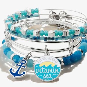 Alex Ani RARE Vitamin Sea 5 Set Bangles Anchor Nautical Beach Ocean Beaded Charm